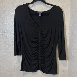 White House Black Market Black Ruched V-Neck Top Women’s Medium 3/4 Sleeve